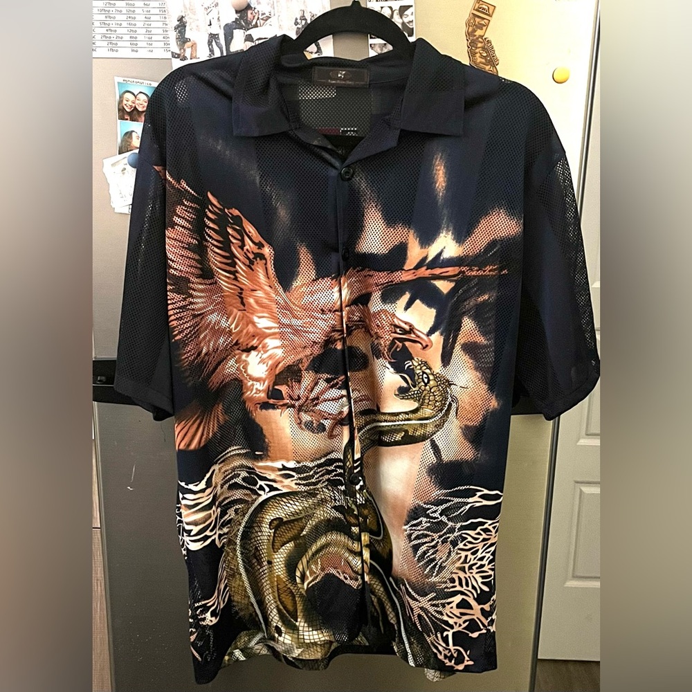 Mesh Y2K style button up shirt. Dragon / Serpent Graphic. Oversized